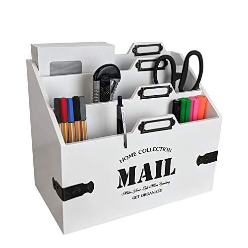 Organizador de escritorio de madera 'Mail' con 3 compartimentos de madera, color blanco – Soporte para cartas y cartas
