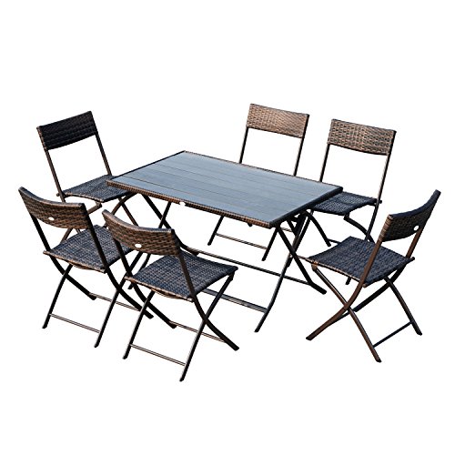 Outsunny Conjunto de Comedor Ratan Mesa y Sillas Muebles Plegable Ratán para Jardín Exterior Patio Terraza 7 Pcs Acero Color Marrón