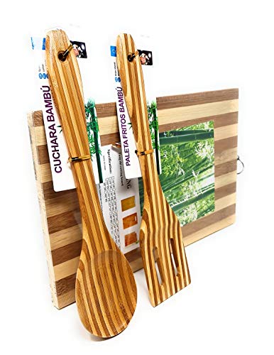 Pack » Tabla de Cortar para Cocina + Cuchara de Bambú + Paleta de Bambú para Fritos 100% Eco-Friendly 32cm x 22cm (Pack 32cm x 22cm)