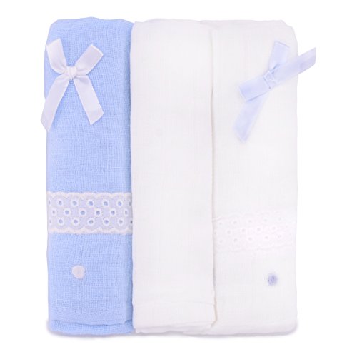 PEKITAS Muselinas Pack de 3 | Mantas de Muselina 100% Algodón | Paños de Muselina para Bebés Calidad 75 x 75 cm Azul y Blanco