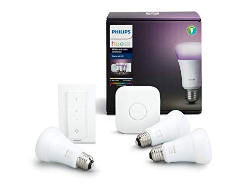 Philips Hue Kit 3 Bombillas Inteligentes LED E27 con Puente y Mando, 9.5 W, Luz Blanca y de Colores, Compatible con Alexa y Google Home