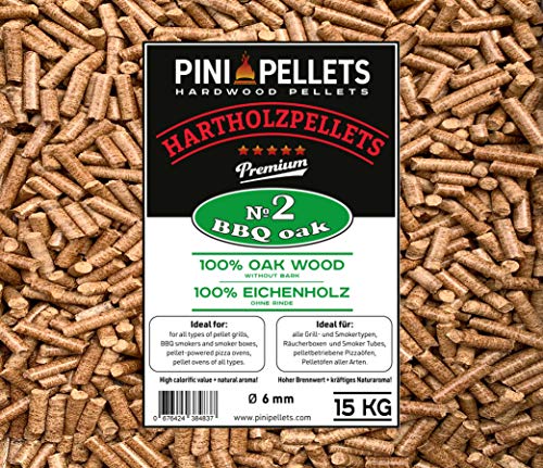 PINI Grillpellets 15 kg - Pellets de madera 100% roble No2 para asar, ahumar, también para hornos de Pizza operados con pellets PINI Grillpellets 15 kg - Pellets de madera 100% roble No2 para asar, ahumar, también para hornos de Pizza operados con pellets