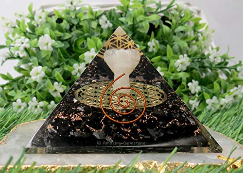 Pirámide de orgonita Shungite XL de 75 mm para protección EMF y protección de energía negativa, pirámide de organismo de cristal natural (ángel de cristal con flor de vida)
