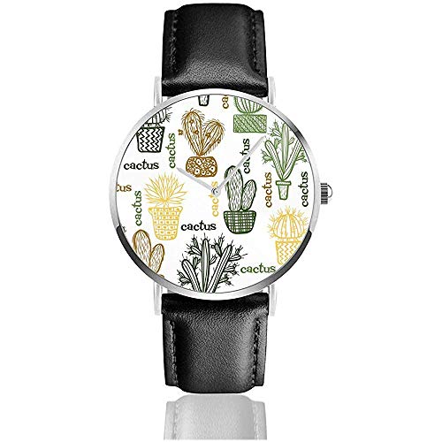 Piso con Plantas suculentas y Cactus en macetas Relojes con Correa de Cuero para Hombre Reloj Casual de Pulsera