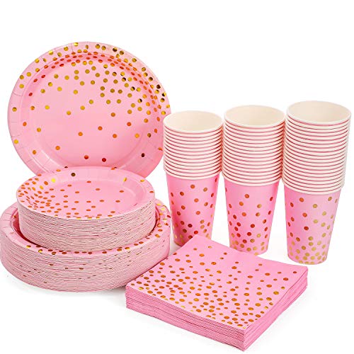 Platos Desechables Fiesta Oro Rosa 200PCS Vajilla Cumpleaños Desechable Dorada Incluye Platos de Papel de 9" y 7",Vasos de 12oz y Servilletas, para Boda, Despedida de Soltera, Cumpleaños(50 Invitados)