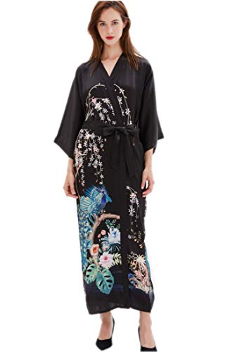 prettystern Mujer Piso-Longitud 100% Seda Kimono Estampado Bata Robe Floral jardín Estanque Negro L07
