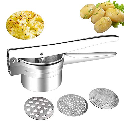 Puré de Patatas, Heavy Class Potato Prensa Ricer Slicer para Hortalizas, Frutas, Huevos, Puré de Papas - Acero Inoxidable de Primera Calidad, 3 Discos Intercambiables