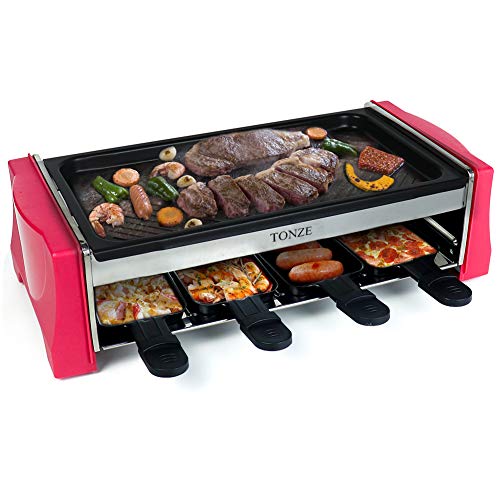 Raclette 8 Personas - Parrillas Electricas Plancha Cocina Electrica Grill Plancha de Asar con 8 Mini Sartenes 1100W Adecuado Casualmente Rojo, Negro