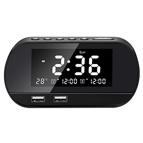 Radio Despertador Digital, FM Radio Reloj Despertadores con Puerto USB, Alarmas Dual con 5 Sonidos 16 Tonos, Pantalla LED & 6 Brillos,12/24 H, Snooze (Negro)