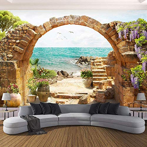 RCIFGU Fotomural para Pared Papel Pintado 3D Arco de piedra de jardín con vista al mar Fotomural Tv Telón De Fondo Pared Decorativos Murales Moderna Decoración comedores Salones 350x256cm