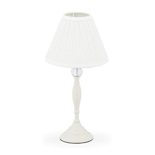 Relaxdays Lámpara de Mesa con Cristal, Pantalla de Tela, Casquillo E14, para salón, mesita de Noche, 42 x 21 cm, Color Blanco