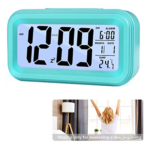 Reloj de Alarma Digital, LCD Pantalla Reloj Alarma Inteligente y con Pantalla de Fecha y Temperatura Función Despertador con Sensor de luz y función Snooze Funciones, para Niños Adultos (azul)