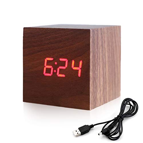 Reloj Digital Moderno, Mínimalista LED Despertador de Madera en Forma de Cubo Alarmas Alimentado por USB 2.0 & Pilas idel para Hogar, Oficina, Habitación, Escritorio (Marrón)