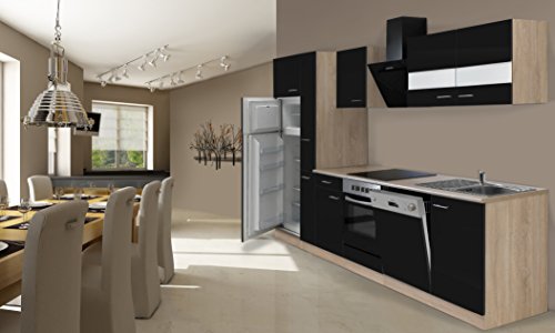 respekta Instalación de Cocina Cocina 310 cm Roble Negro Incluye Nevera y congelador Combinado vitrocerámica & Lavavajillas