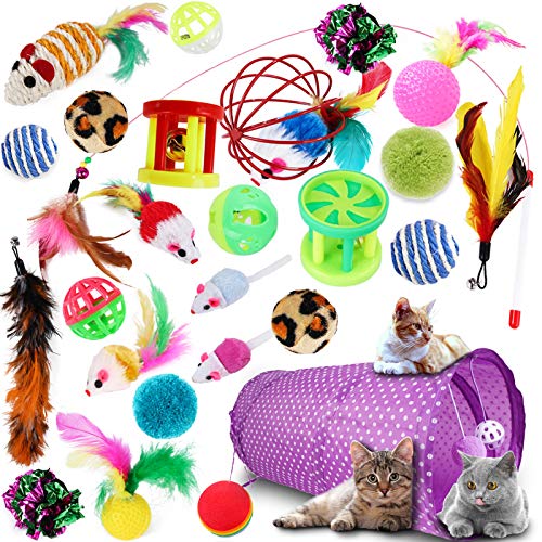 SaiXuan 27PCS Juguetes para Paquete de Variedad para Gatitos, Set di Juguetes para Gatos Interactivo Ratón,Ratóns y Bolas Varias para Gatos Juguetes para Gatos con Plumas túnel