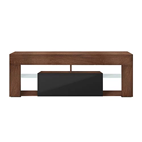 Selsey BIANKO - Mueble TV Moderno/Mesa TV/Mueble para Salón / 140 cm (con LED, Nogal/Negro Brillante)