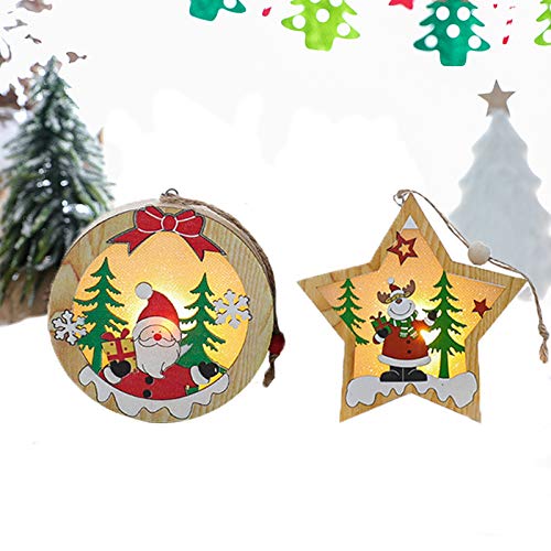 Shuny Adornos para árboles de Navidad, Adornos del árbol de Navidad de Madera, LED Colgante Navideño de Madera, Colgantes Estrella y Renos, Colgante Redondo y Papá Noel, como decoración de Navidad
