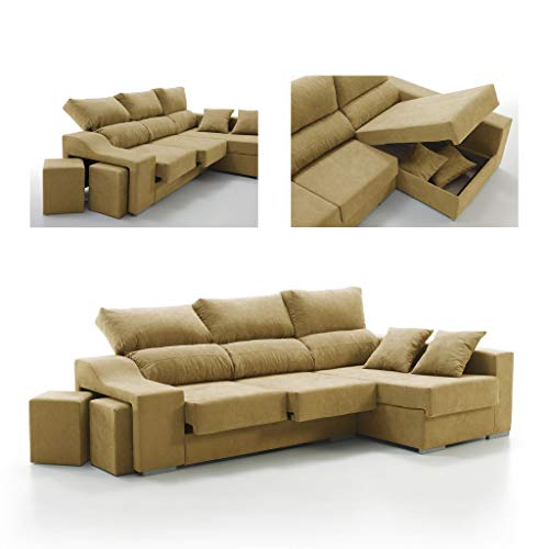 Sofá Chaise Longue Loki Derecha 4 Plazas Mostaza Sistema Easy-Clean Arcón 2 Puffs Asientos Extensibles Tejido Desenfundable (Envío y Subida a Domicilio Incluidos)