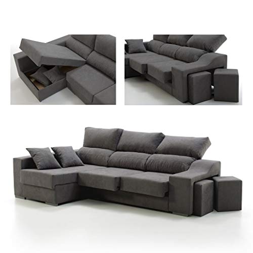 Sofá Chaise Longue Loki Izquierda 4 Plazas Gris Marengo Sistema Easy-Clean Arcón 2 Puffs Asientos Extensibles Tejido Desenfundable (Envío y Subida a Domicilio Incluidos)