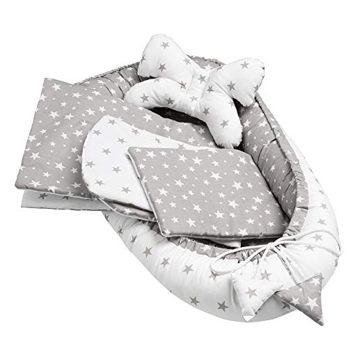 Solvera_Ltd Juego de 5 piezas para bebé, incluye nido de 90 x 50 cm, cojín plano extraíble, manta para gatear, cojín para bebé, 100% algodón (estrellas grises)