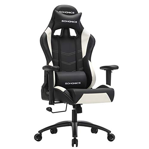 SONGMICS Silla Racing, Silla de Juegos, Regulable en Altura, con Apoyacabezas y Cojín Lumbar, Apoyabrazos 2D, Ángulo de Inclinación de 150 Grados, Cuero Sintético, Negro-Blanco RCG12W