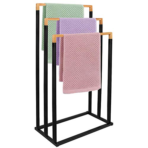 SPRINGOS Toallero de pie con 3 barras para toallas de baño, de pie, duradero, accesorio de baño para toallas, ropa, metal (negro – 3 barras)