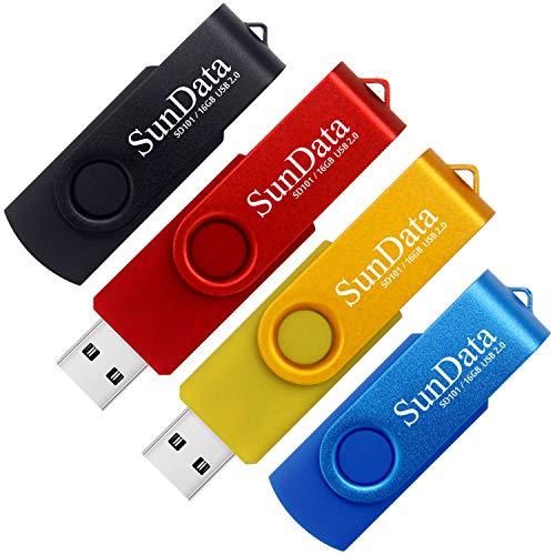 SunData 16GB Memorias USB 4 Piezas PenDrives 16GB Unidad Flash USB2.0 Giratoria Pen Drive con Luz LED (4 Colores: Negro Azul Rojo Oro)