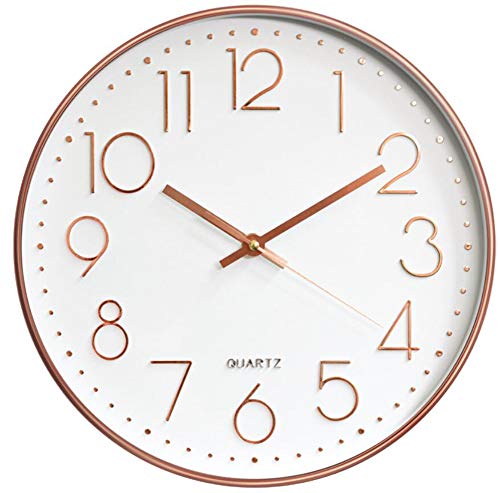 Taodyans - Reloj de pared silencioso de 12 pulgadas, reloj de cocina, de cuarzo, funciona con pilas, reloj de decoración del hogar, para oficina, clase, sala de estar, dormitorios (blanco - oro rosa)