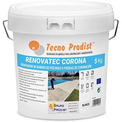 Tecno Prodist REF. 1488 RENOVATEC Corona (5 kg) Blanco Pintura para renovar Bordes de Piscinas o Piedra de coronación-Antideslizante-Antialgas-Buena Calidad-Facil Aplicación