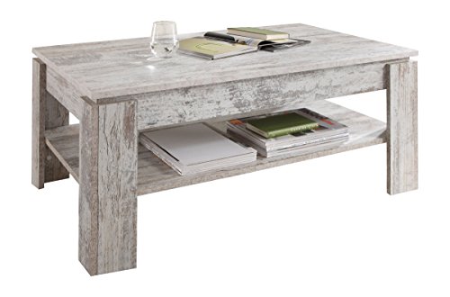 trendteam Mesa de centro Mesa de salón Universal, 110 x 47 x 65 cm en acabado pino piñonero blanco shabby chic con repisa