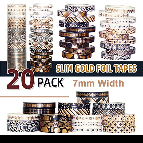 Washi Tape Vintage, NETUME 20 Rollos Decorativo Cinta Adhesiva Scrapbooking para Manualidades, Blanco Negro Clásico Washi Tape Negro y Dorado para Revistas Bullet, Tableros de Visión, Papel de Regalo