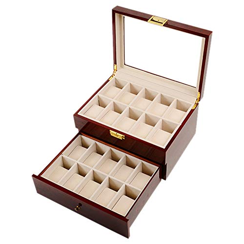 Watch storage box Vitrina de Reloj Dos Pisos de Madera con 20 Ranuras con Cubierta de Vidrio y Cerradura de Seguridad para Relojes y Joyas para Hombres y Mujeres.