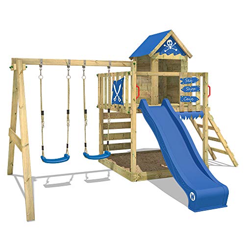 WICKEY Parque infantil de madera Smart Cave con columpio y tobogán azul, Casa de juegos de jardín con arenero y escalera para niños