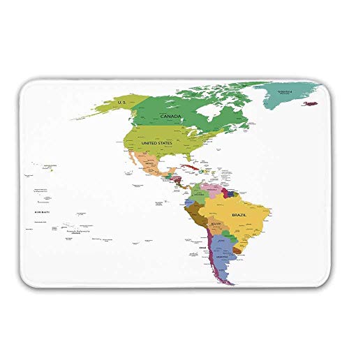 YnimioHOB Mapa de Alfombrilla Antideslizante, Mapa de América del Sur y del Norte con países Capitales y Ciudades Principales Diseño Colorido Felpudo Decorativo para Puerta de Interior