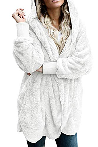 Zilcremo Mujer Lana Chaqueta Cárdigan con Capucha Frente Abierto Abrigo Fleece de Piel Sintética Invierno Beige L