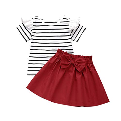 0-10 años de edad, conjunto de trajes de niña de manga corta rayas florales camisetas y falda de lazo, conjunto de ropa para bebé, rojo, 5-6 Años Old