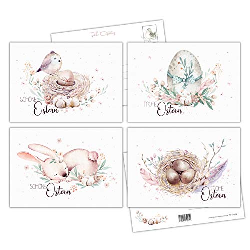 20 tarjetas postales de Pascua, 4 diseños diferentes en el juego, tarjetas de Pascua con ilustraciones dibujadas a mano, acuarelas, saludos de Pascua, conejo de Pascua