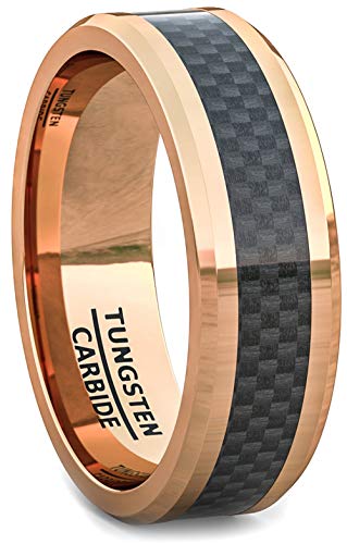 8 mm oro rosa anillo de tungsteno negro de fibra de carbono superficie bordes biselado Comfort Fit