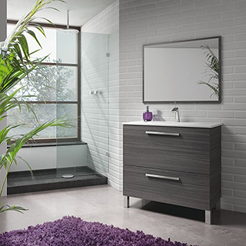 Abitti Mueble de baño o Aseo con Espejo y Marco a Juego, Incluido. Puerta abatible y Cierre amortiguado Color Gris Ceniza 80x80x45cm. NO Incluye LAVAMANOS.