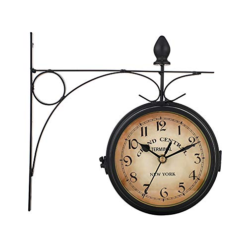 ACELEY Reloj de Pared de Doble Cara, Reloj de estación Retro de Dos Caras montado en la Pared Vintage, Reloj de Pared con Desplazamiento, Montaje Lateral en la Pared, decoración del jardín del hogar