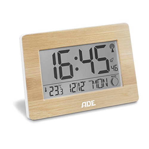 ADE Reloj controlado CK 1702. Reloj Digital con señal horaria DCF, Caja de bambú auténtica, Pantalla LCD, termómetro, Despertador y Calendario, Pila incluida