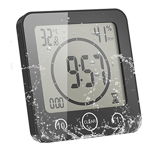ALLOMN Reloj de Baño, LCD Reloj de Ducha Digital Alarma Impermeable Control Táctil Hum / ℉ Temperatura Humedad, Temporizador de Cuenta Regresiva, 3 Métodos de Montaje, Energía de la Batería (Negro)