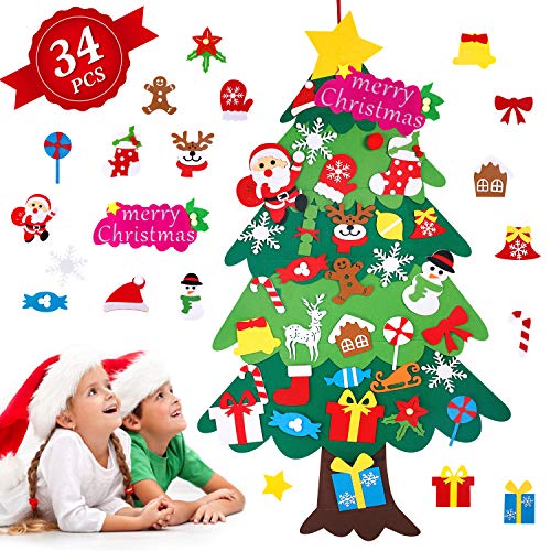 Árbol de Navidad de Fieltro, Árbol Navidad Fieltro Pared con 34 Ornamentos Desmontables El árbol de Navidad de 3.7ft para Regalos navideños, Decoración de Navidad para Paredes y Puertas del hogar
