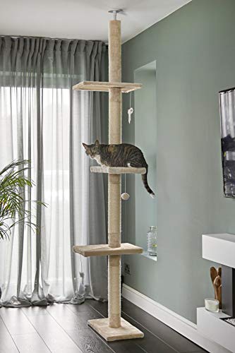 Árbol Rascador para Gatos de 240cm-288cm, Rascador de Suelo a Techo para Gatos, Poste Escalador de Sisal Natural, Árbol para Gatos Extensible, Arbol Rascador de Actividades con, Color Beige