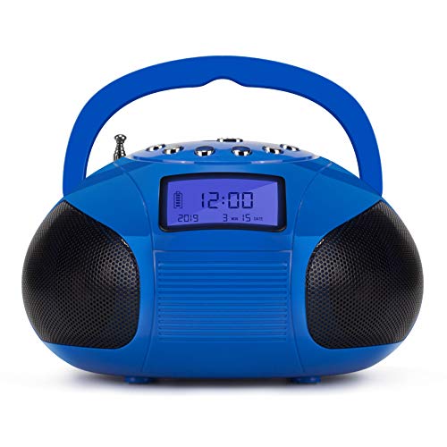 August SE20 Radio FM Bluetooth Portátil con MP3 y Alarma Despertador – Puerto USB Lector de Tarjetas SD Conexión Auxiliar Jack 3.5mm - Azul