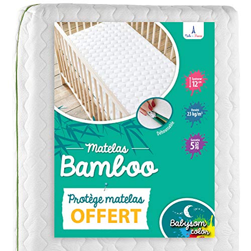 Babysom - Colchón Cuna Bebé Bambú + 1 Protector de colchón impermeable DE REGALO - Natural - 70x140 cm - Antiasfixia - Transpirable - Reglaje Térmico