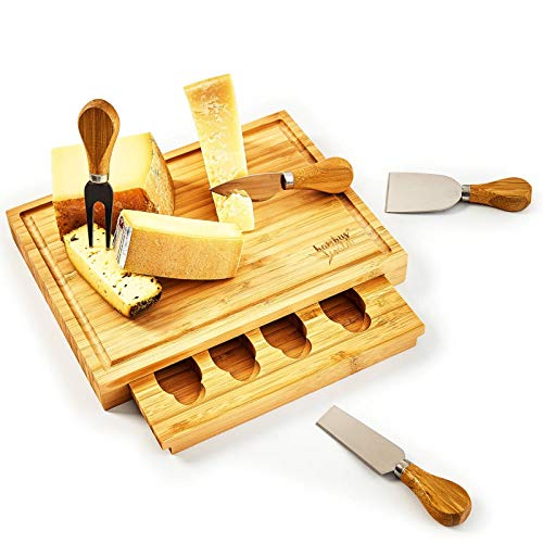 bambuswald© tabla de quesos ecológicos con cuchillo de queso (4 piezas) - 100% bambú sostenible | tabla de quesos tabla de cortar cubiertos de queso tabla de servir cubiertos de queso