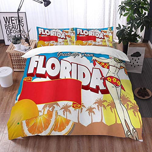 Bedding Juego de Funda de Edredón -Saludos de Florida Desde el diseño de Postal de Florida con una Chica Pin-up en Bikini y NAR/Microfibra Funda de Nórdico (Cama 135 x 200 cm + Almohada 50X80 cm)