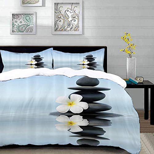 Bedding Juego de Funda de Edredón,Microfibra -Spa, Zen Masajes Piedras calientes con frangipani asiático Plumera R - Funda de Nórdico y Fundas de Almohada - (Cama 220 x 240cm + Almohada 63X63cm)