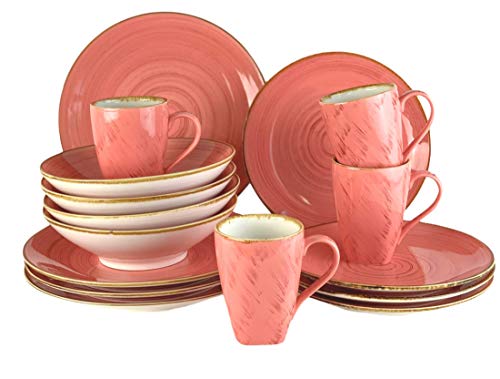 Blanca’s Feel Vajilla Completa Moderna Porcelana color rosa de (16 piezas) para 4 personas, Platos Llano, Platos de Postre, Bowls Platos Hondo, Mug taza
